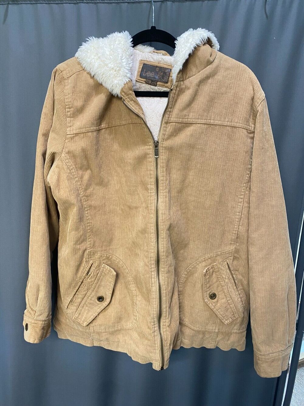 Lee Full Zip Jacket Women's XL Beige Corduroy Long Sleeve Hooded 100% Cotton C6